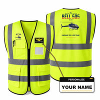 Thumbnail for Bell 505 aviation design on fluorescent green high-visibility reflective vest with custom name badge