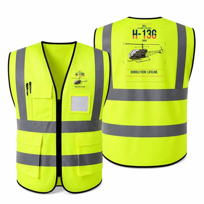 Bell H-13G Sioux aviation design on fluorescent green high-visibility reflective vest