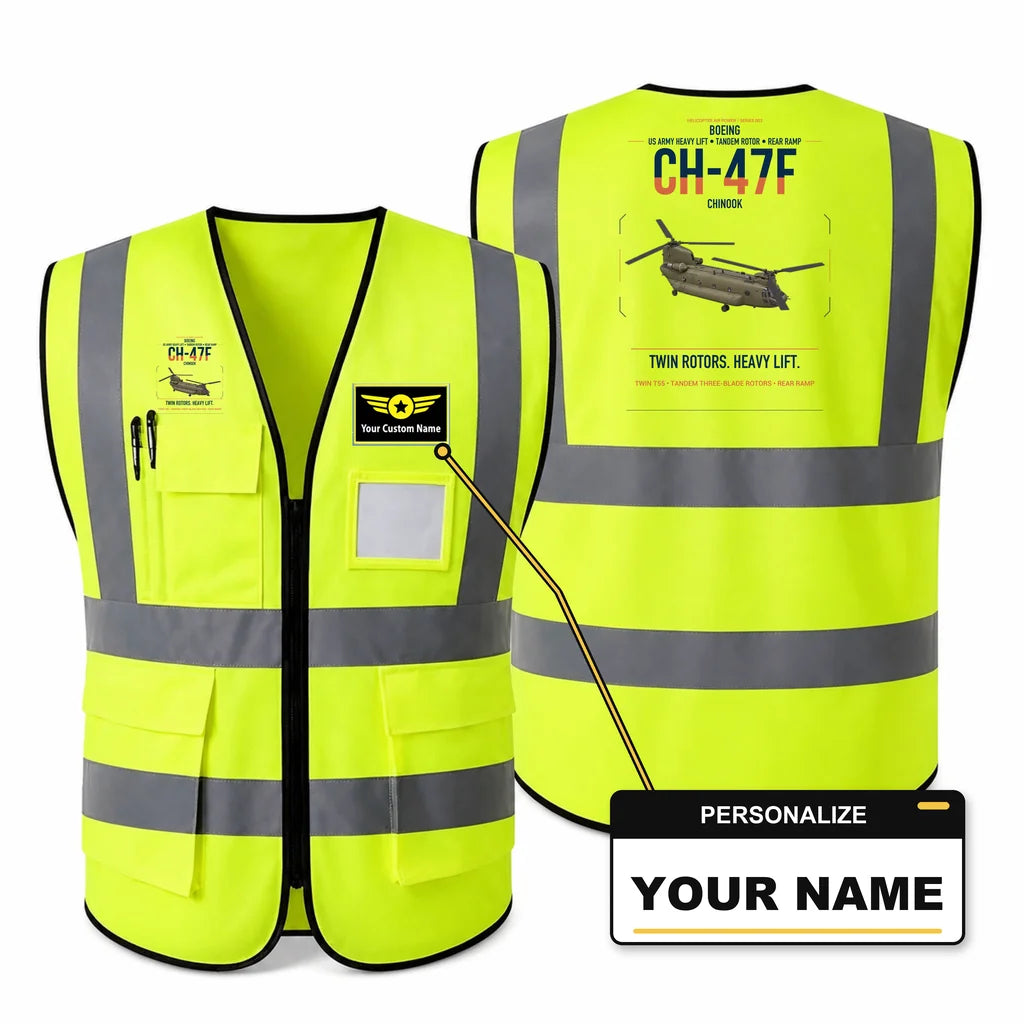Boeing CH-47F Chinook aviation design on fluorescent green high-visibility reflective vest with custom name badge