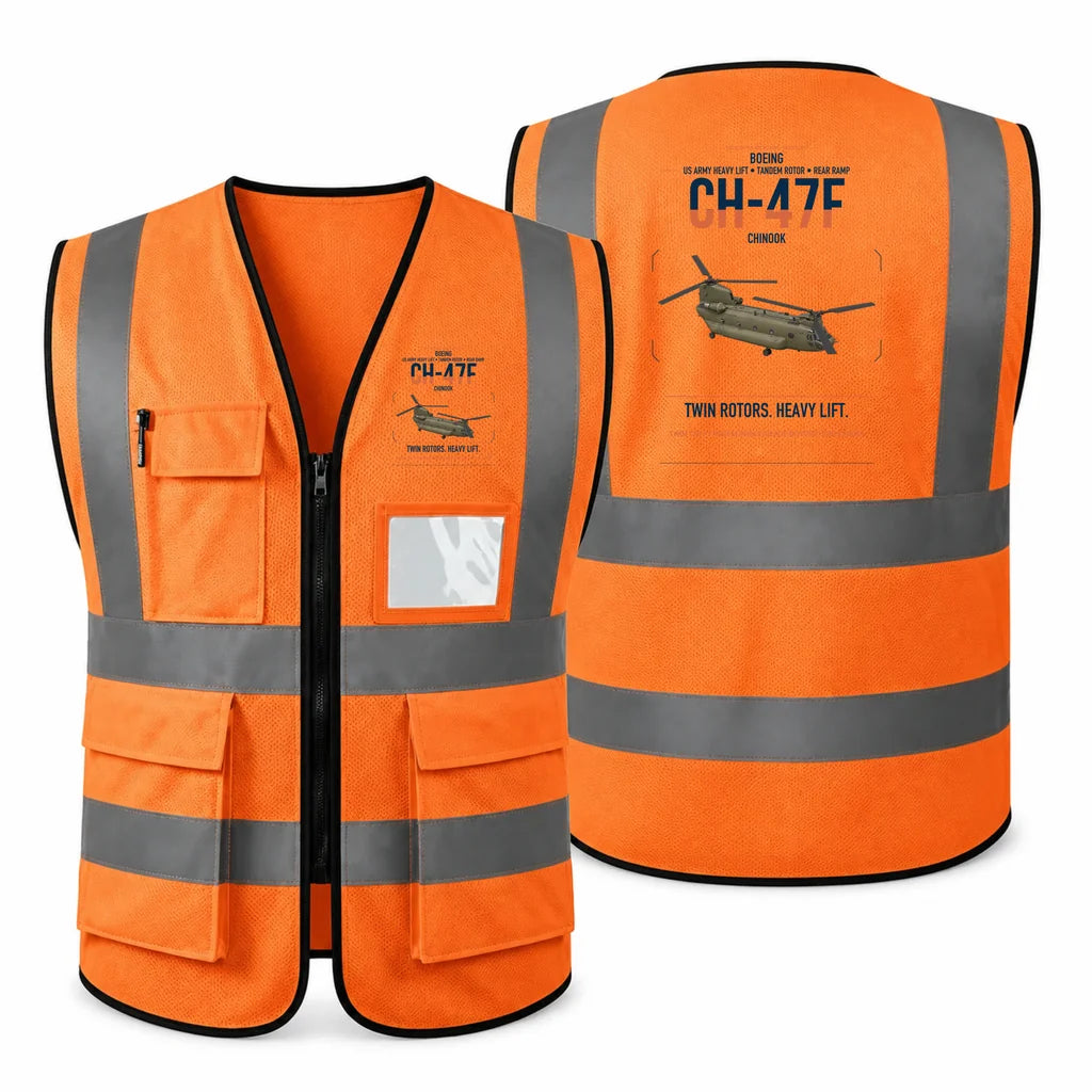 Boeing CH-47F Chinook aviation design on orange high-visibility reflective vest