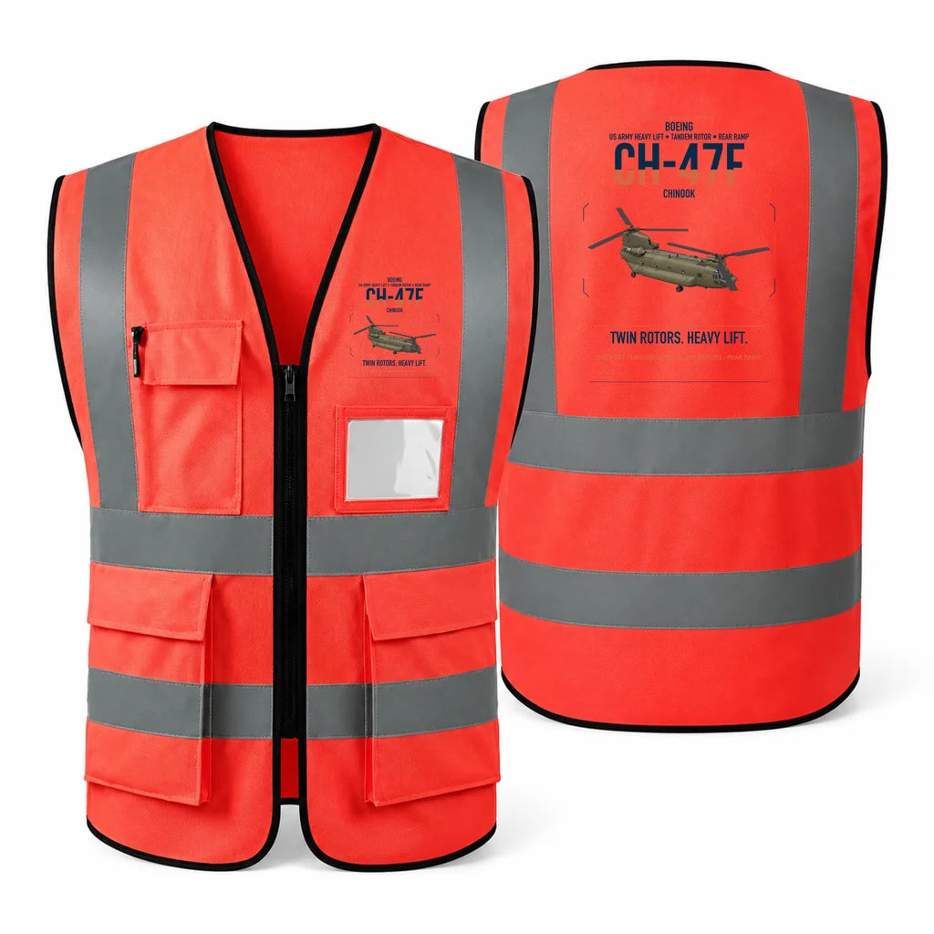 Boeing CH-47F Chinook aviation design on red high-visibility reflective vest