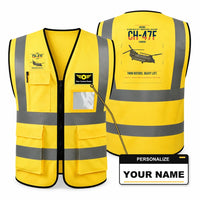 Thumbnail for Boeing CH-47F Chinook aviation design on yellow high-visibility reflective vest with custom name badge