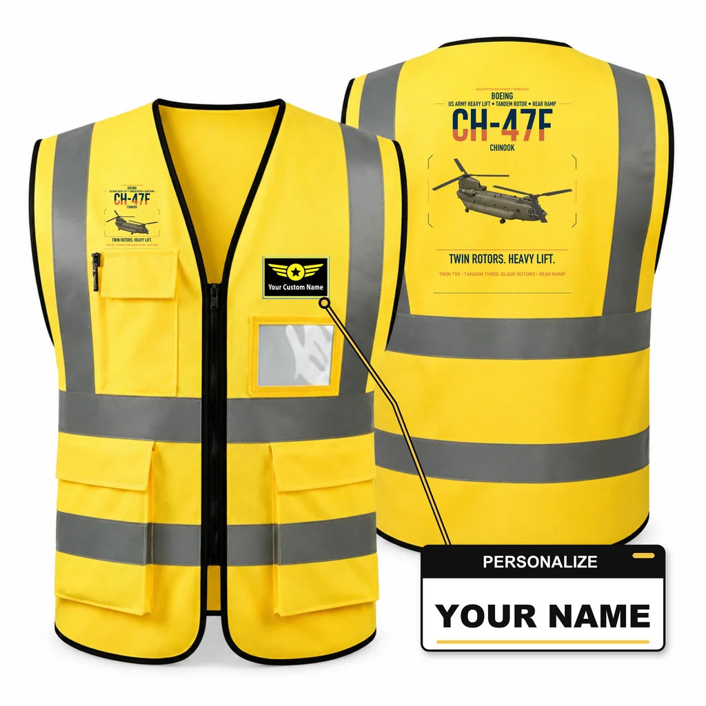 Boeing CH-47F Chinook aviation design on yellow high-visibility reflective vest with custom name badge