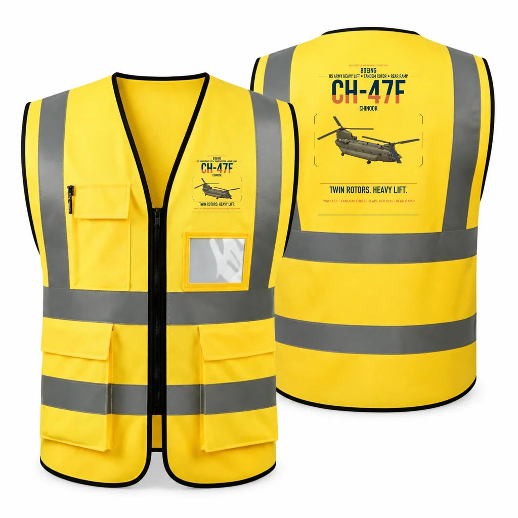 Boeing CH-47F Chinook aviation design on yellow high-visibility reflective vest