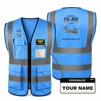 Thumbnail for Boeing Vertol CH-46E Sea Knight aviation design on blue high-visibility reflective vest with custom name badge