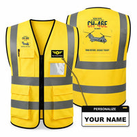 Thumbnail for Boeing Vertol CH-46E Sea Knight aviation design on yellow high-visibility reflective vest with custom name badge