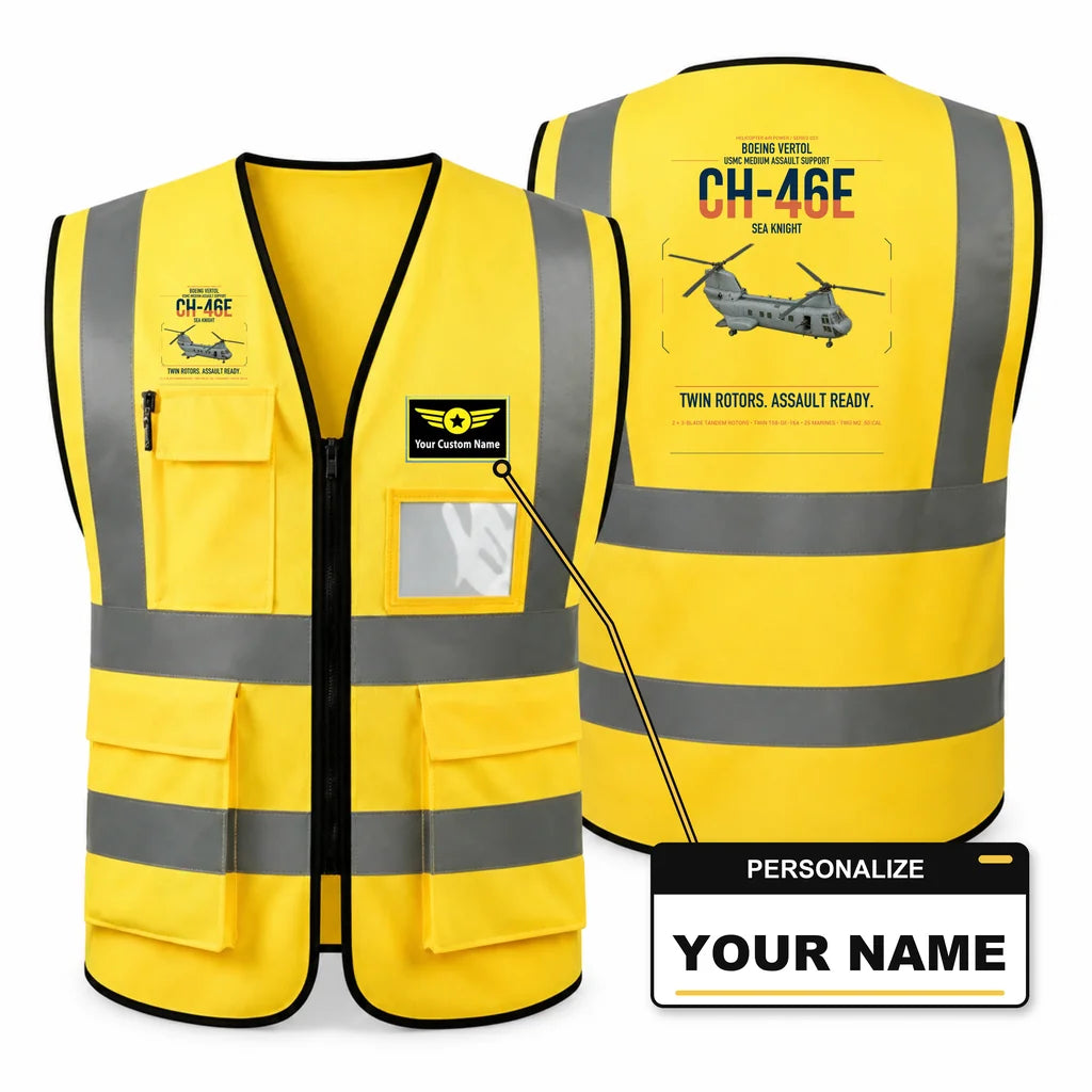 Boeing Vertol CH-46E Sea Knight aviation design on yellow high-visibility reflective vest with custom name badge