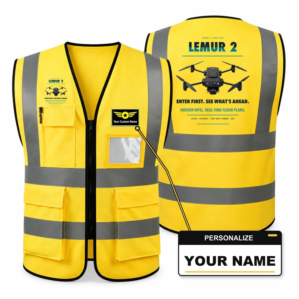 BRINC LEMUR 2 aviation design on yellow high-visibility reflective vest with custom name badge