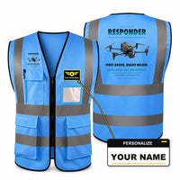 Thumbnail for BRINC Responder aviation design on blue high-visibility reflective vest with custom name badge