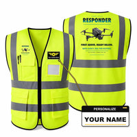 Thumbnail for BRINC Responder aviation design on fluorescent green high-visibility reflective vest with custom name badge