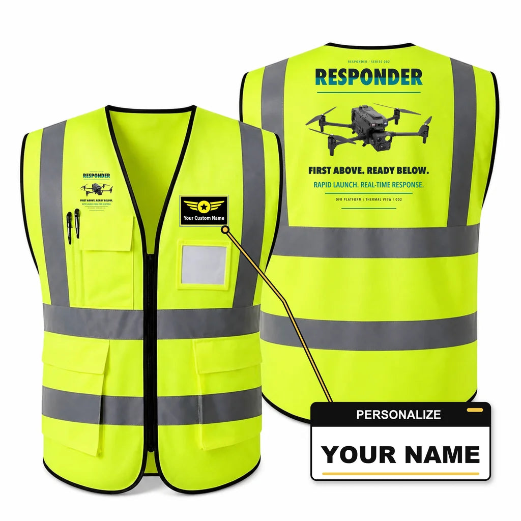 BRINC Responder aviation design on fluorescent green high-visibility reflective vest with custom name badge