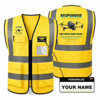 Thumbnail for BRINC Responder aviation design on yellow high-visibility reflective vest with custom name badge
