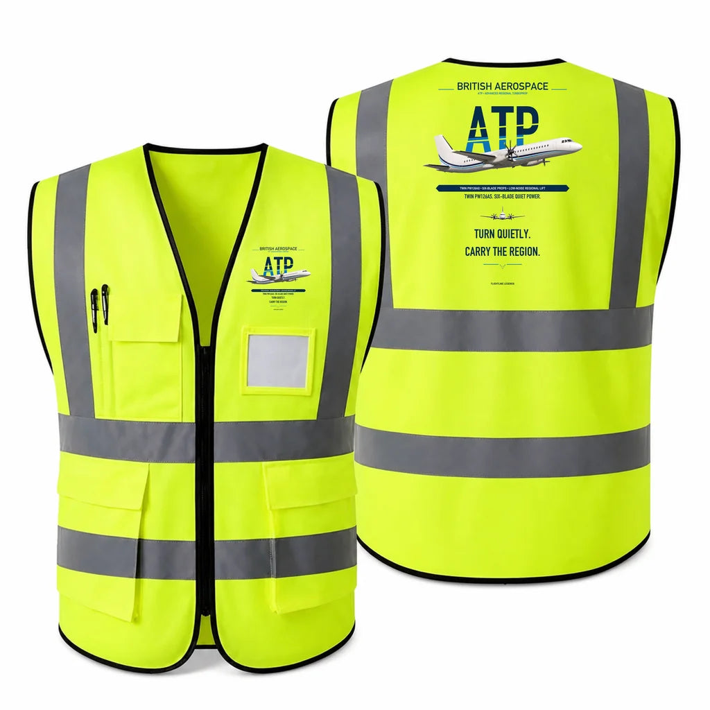 British Aerospace ATP aviation design on fluorescent green high-visibility reflective vest