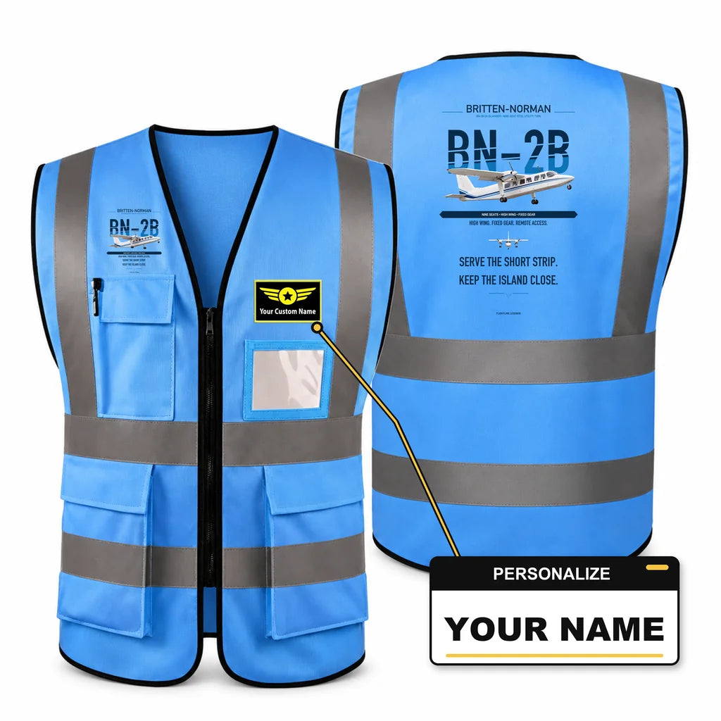 Britten-Norman BN-2B-26 Islander aviation design on blue high-visibility reflective vest with custom name badge