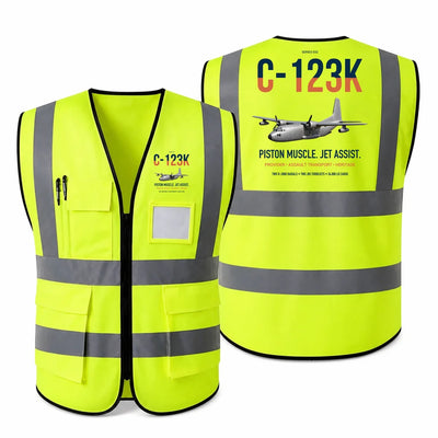 C-123K Provider aviation design on fluorescent green high-visibility reflective vest