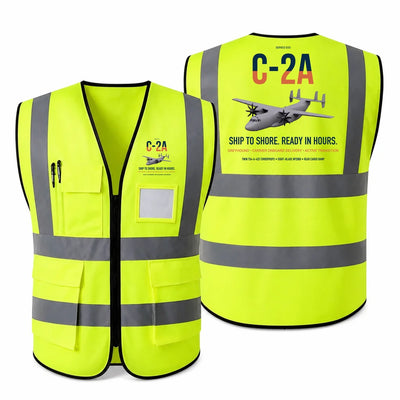 C-2A Greyhound aviation design on fluorescent green high-visibility reflective vest