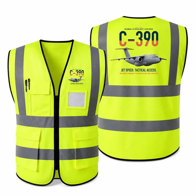 C-390 Millennium aviation design on fluorescent green high-visibility reflective vest