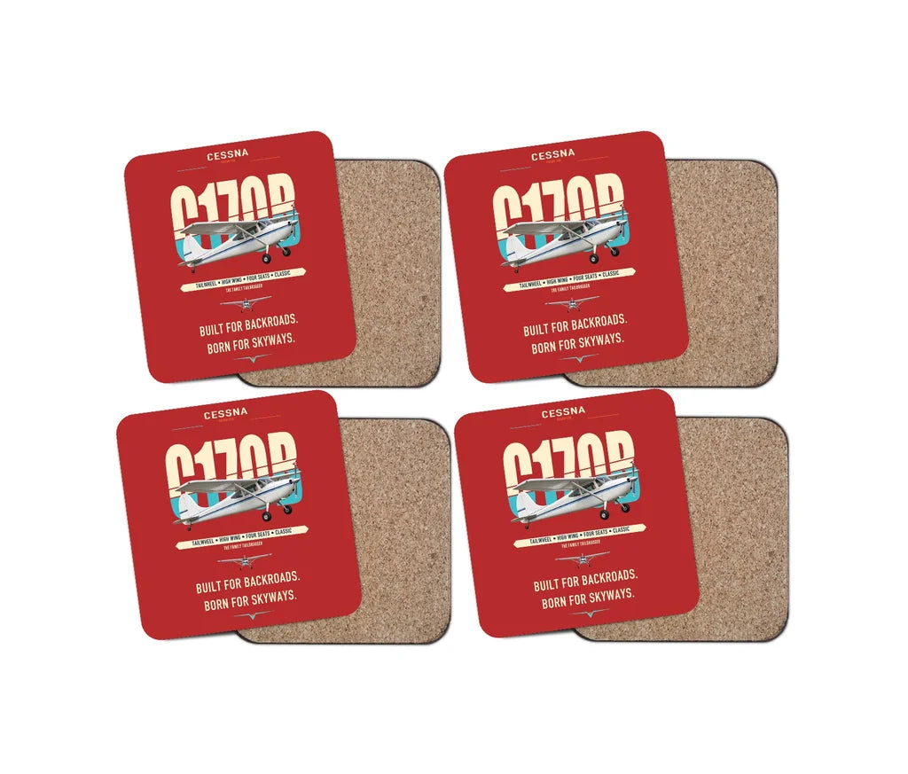 Cessna 170B design on red 4 pieces set coaster
