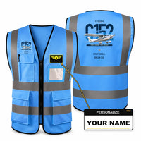 Thumbnail for Cessna 152 aviation design on blue high-visibility reflective vest with custom name badge