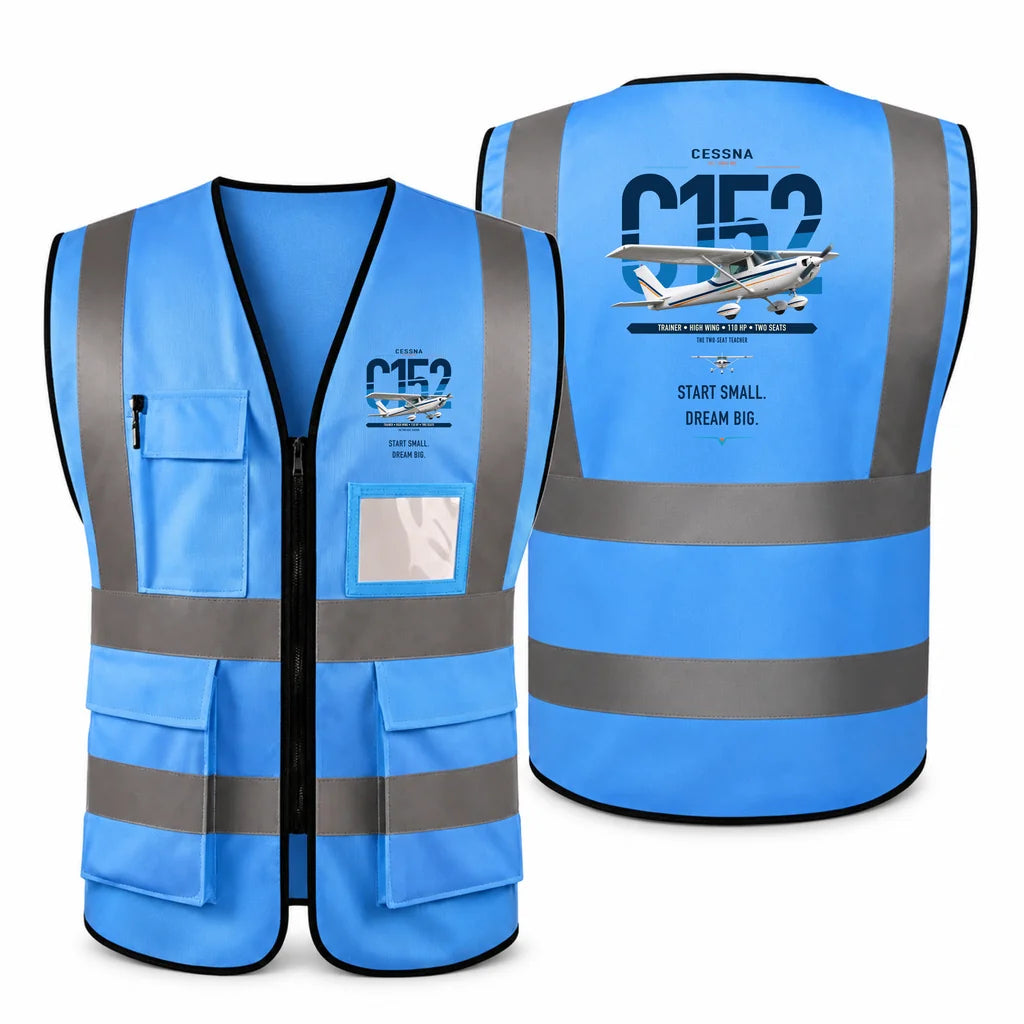Cessna 152 aviation design on blue high-visibility reflective vest