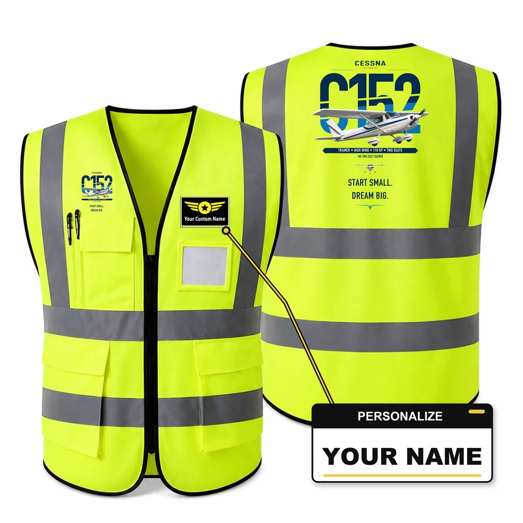 Cessna 152 aviation design on fluorescent green high-visibility reflective vest with custom name badge