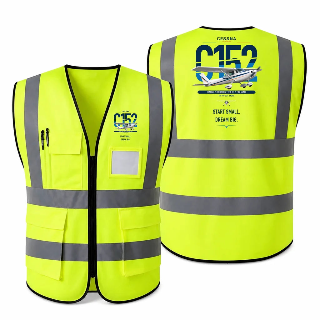 Cessna 152 aviation design on fluorescent green high-visibility reflective vest