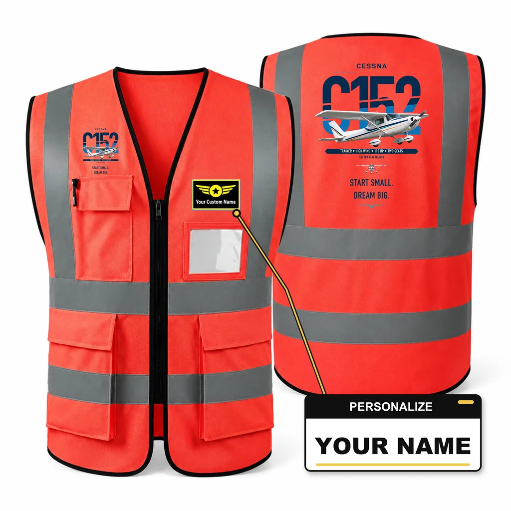 Cessna 152 aviation design on red high-visibility reflective vest with custom name badge