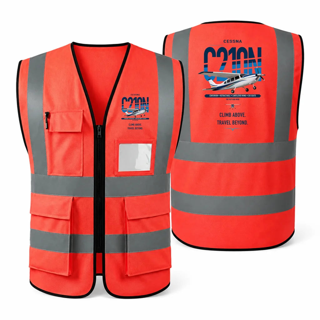 Cessna T210N Centurion aviation design on red high-visibility reflective vest