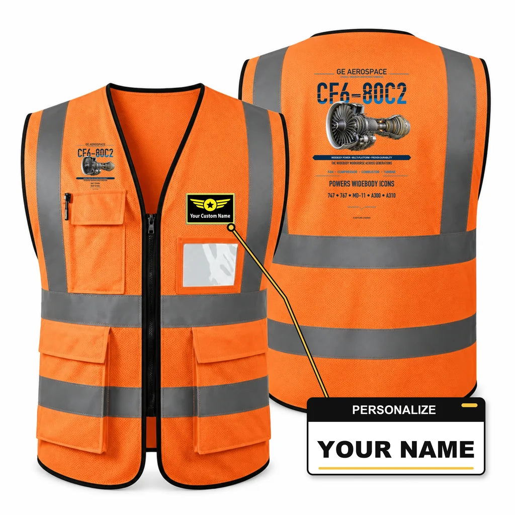 CF6-80C2 aviation design on orange high-visibility reflective vest with custom name badge