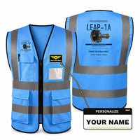 Thumbnail for LEAP-1A aviation design on blue high-visibility reflective vest with custom name badge