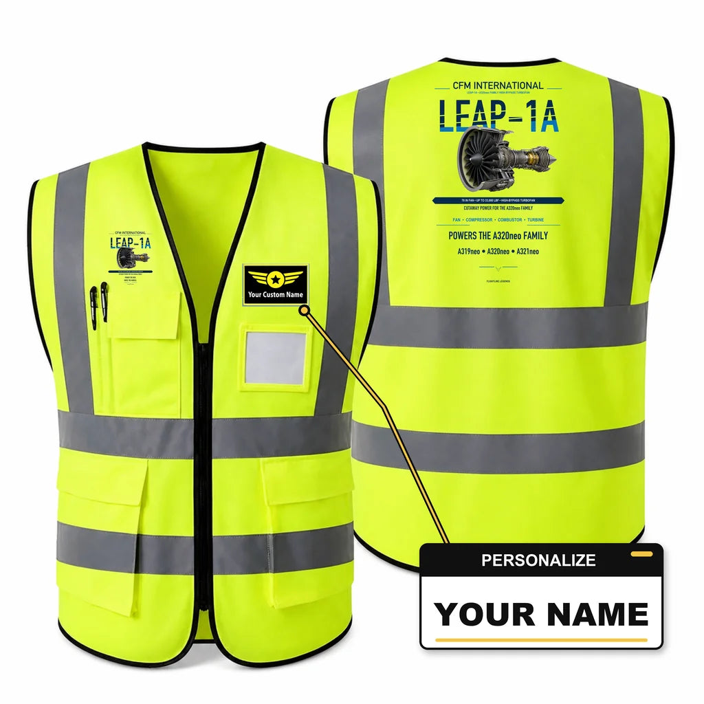 LEAP-1A aviation design on fluorescent green high-visibility reflective vest with custom name badge