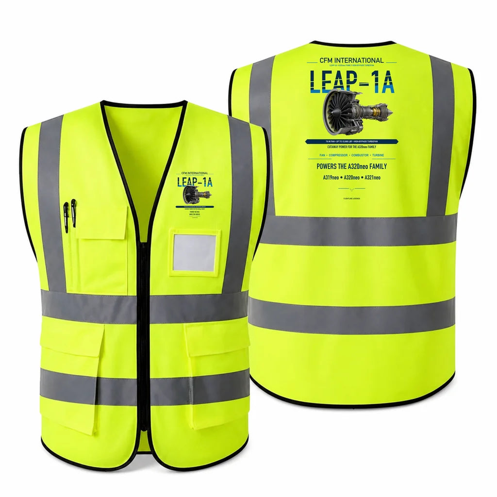 LEAP-1A aviation design on fluorescent green high-visibility reflective vest