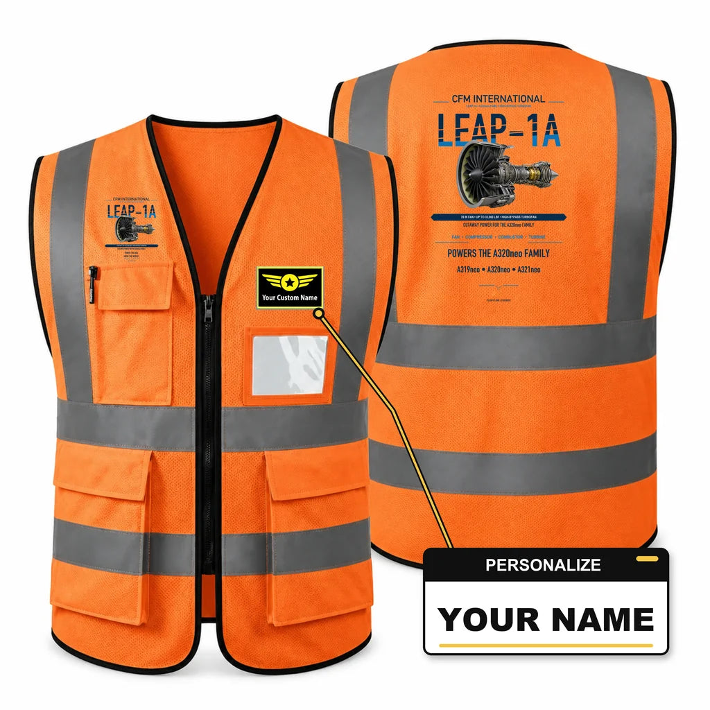 LEAP-1A aviation design on orange high-visibility reflective vest with custom name badge