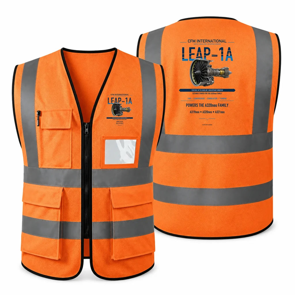 LEAP-1A aviation design on orange high-visibility reflective vest