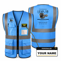 Thumbnail for LEAP-1B aviation design on blue high-visibility reflective vest with custom name badge