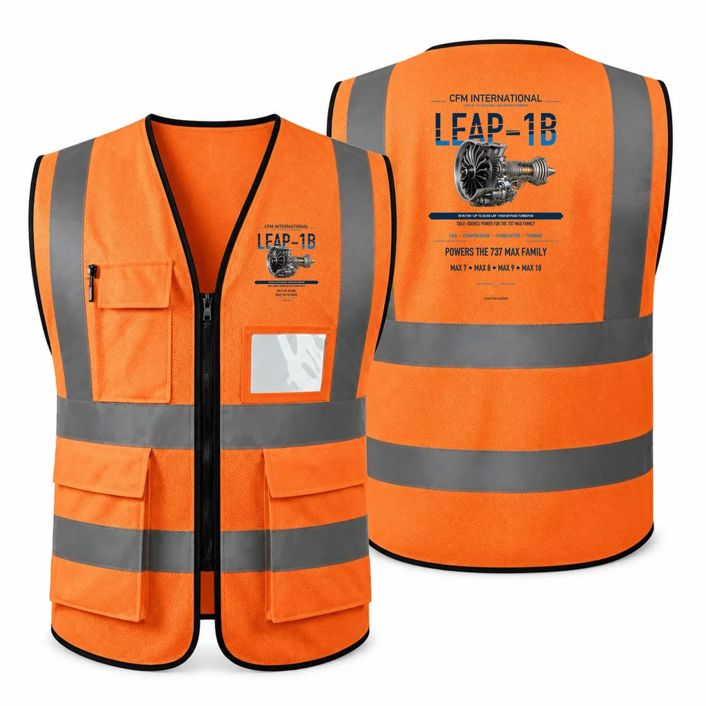 LEAP-1B aviation design on orange high-visibility reflective vest
