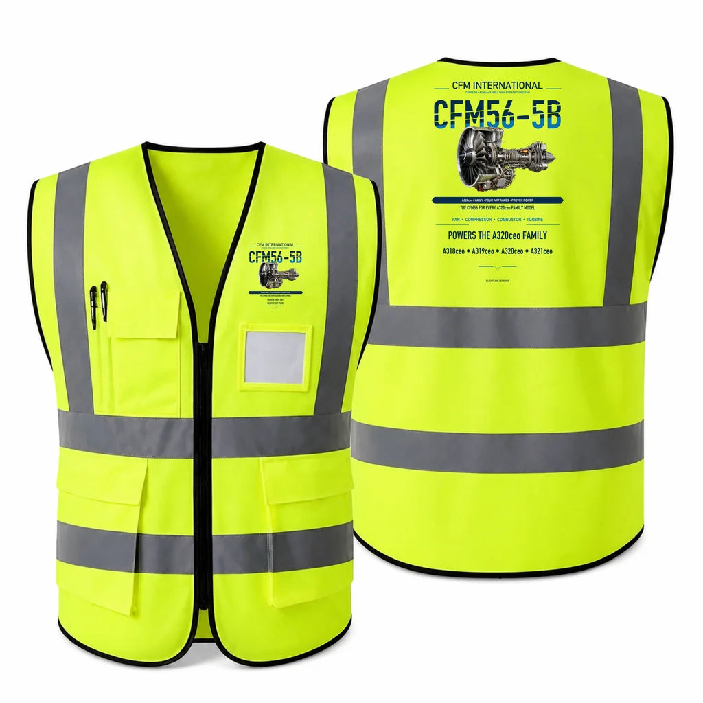 CFM56-5B aviation design on fluorescent green high-visibility reflective vest