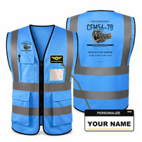 Thumbnail for CFM56-7B aviation design on blue high-visibility reflective vest with custom name badge
