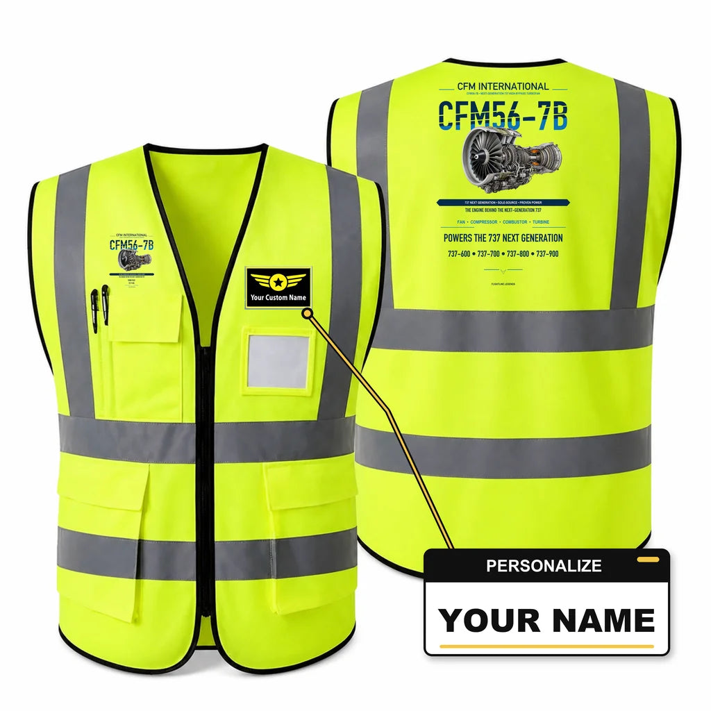 CFM56-7B aviation design on fluorescent green high-visibility reflective vest with custom name badge