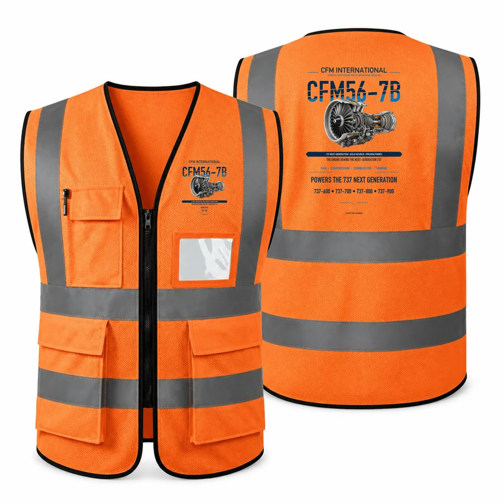CFM56-7B aviation design on orange high-visibility reflective vest