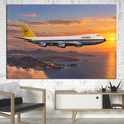 Condor Boeing 747-200 historic holiday jumbo flight above the Canary Islands at sunset canvas - 1 Piece