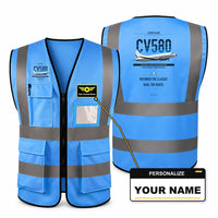 Thumbnail for Convair 580 aviation design on blue high-visibility reflective vest with custom name badge