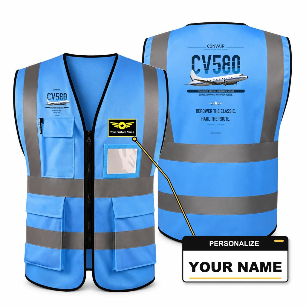 Convair 580 aviation design on blue high-visibility reflective vest with custom name badge