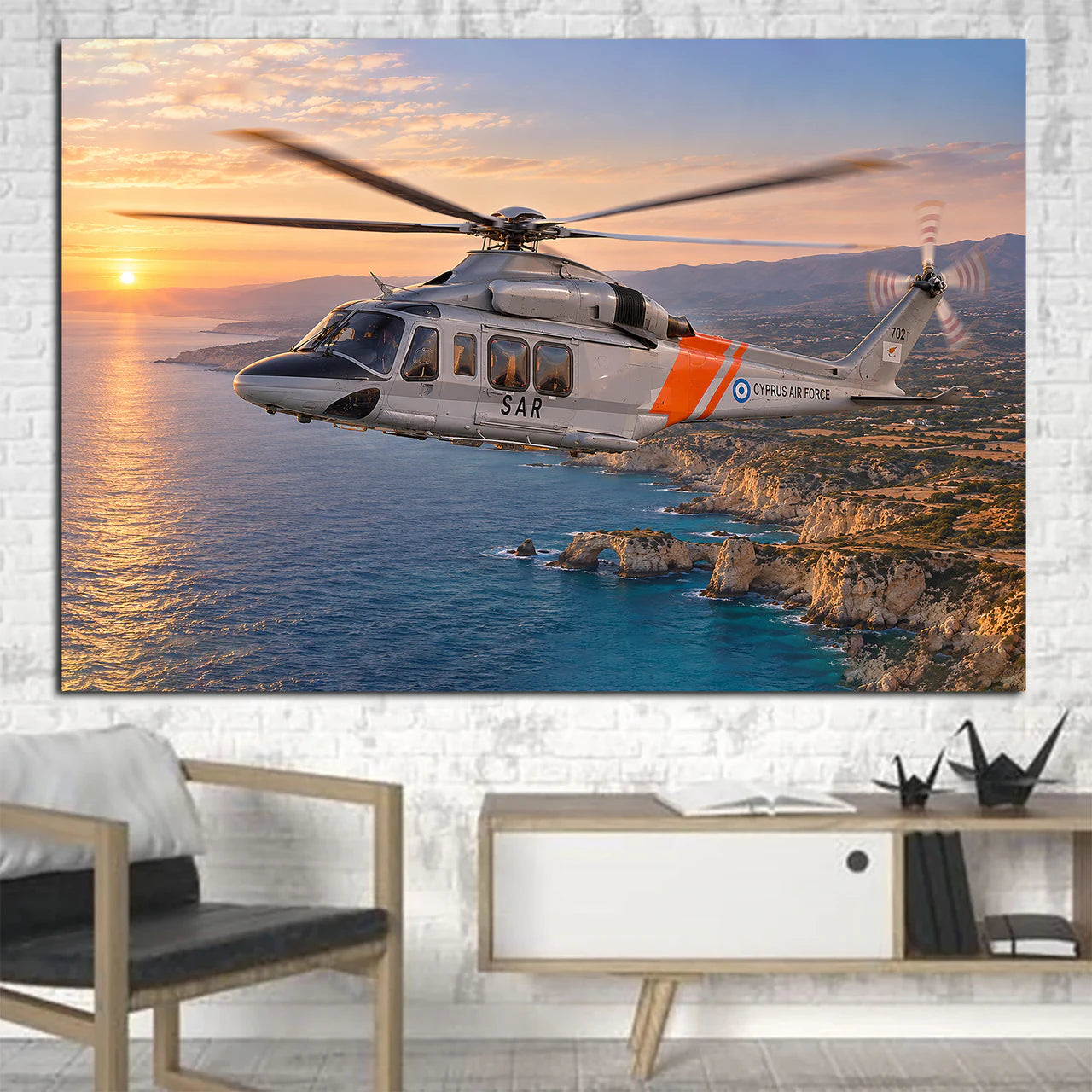 Cyprus Air Command Leonardo AW139 single maritime utility helicopter above the Cyprus coast in warm dawn light canvas - 1 Piece
