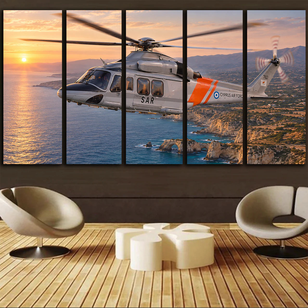 Cyprus Air Command Leonardo AW139 single maritime utility helicopter above the Cyprus coast in warm dawn light canvas - 5 Pieces