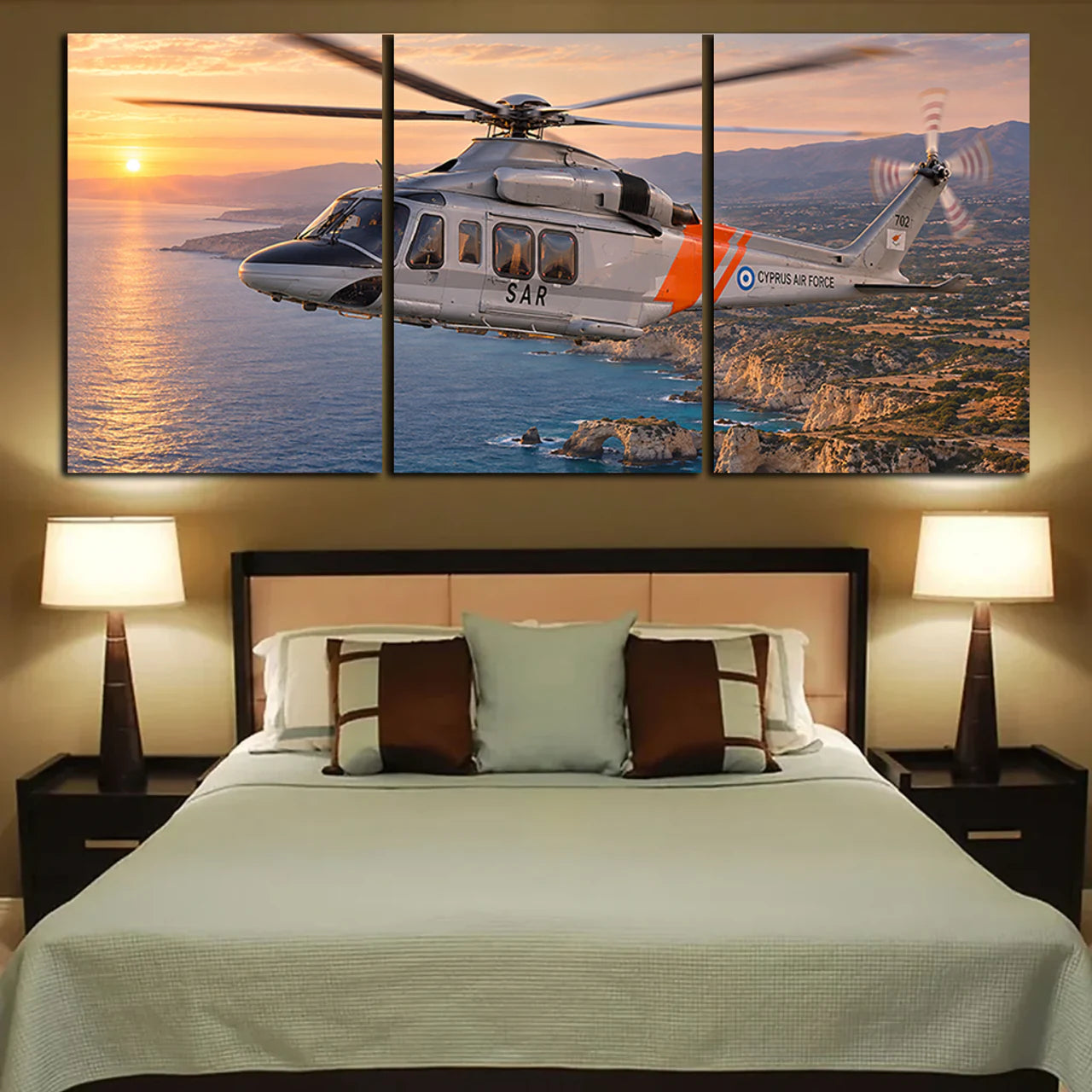 Cyprus Air Command Leonardo AW139 single maritime utility helicopter above the Cyprus coast in warm dawn light canvas - 3 Pieces