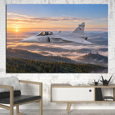 Czech Air Force Saab JAS 39C Gripen clean air-policing patrol above Bohemian hills in early light canvas - 1 Piece