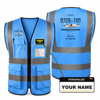 Thumbnail for D328-100 aviation design on blue high-visibility reflective vest with custom name badge