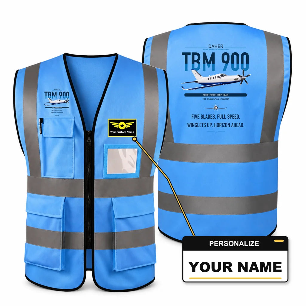 Daher TBM 900 aviation design on blue high-visibility reflective vest with custom name badge