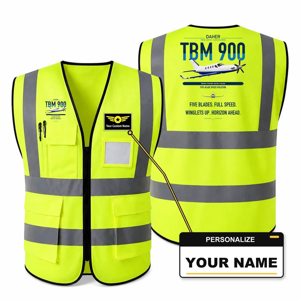 Daher TBM 900 aviation design on fluorescent green high-visibility reflective vest with custom name badge